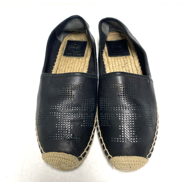 Tory Burch Black Nappa Leather Espadrilles Perforated Logo Round Toe Sli… - Picture 4 of 8